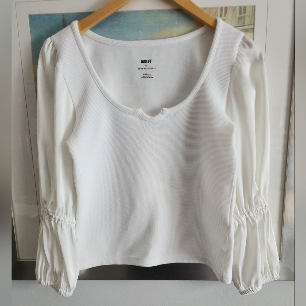 Maeve Anthropologie White Top With Satin Balloon Sleeves